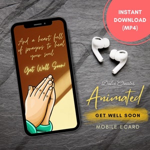 E-carte d'accueil animée Get Well Soon pour téléphone portable. Salutations numériques. Obtenez une carte électronique mobile Well. Téléchargement instantané. Recevez bientôt une carte électronique de rétablissement.