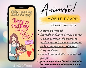 Happy Mother's Day to My Sister Animated Greeting E-Card Video Canva Template for Mobile Phone. Editable in Canva. Mom's Day Mobile Ecard