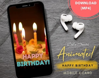 Happy Birthday Animated Greeting E-Card for Mobile Phone. Candle Cake Design. Celebrate Ecard. Digital Greeting Card. Mobile Greeting Card.