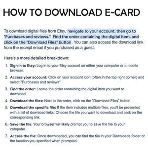 Puede incluir: Una infograf&iacute;a de texto blanco con un encabezado azul que dice "HOW TO DOWNLOAD E-CARD". La infograf&iacute;a proporciona una gu&iacute;a paso a paso sobre c&oacute;mo descargar archivos digitales de Etsy.