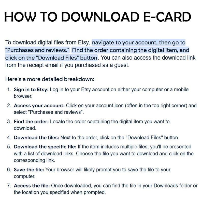 Puede incluir: Una infograf&iacute;a de texto blanco con un encabezado azul que dice "HOW TO DOWNLOAD E-CARD". La infograf&iacute;a proporciona una gu&iacute;a paso a paso sobre c&oacute;mo descargar archivos digitales de Etsy.