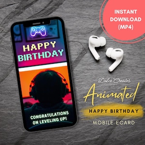 Happy Birthday Animated Greeting E-Card for Mobile Phone. Gamer Design. Celebrate Ecard. Digital Greeting Card. Mobile Greeting Card.