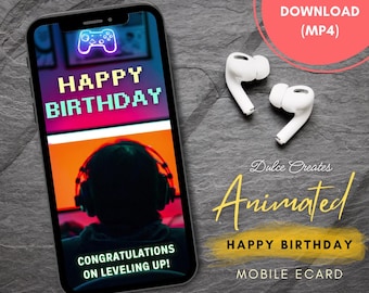 Happy Birthday Animated Greeting E-Card for Mobile Phone. Gamer Design. Celebrate Ecard. Digital Greeting Card. Mobile Greeting Card.
