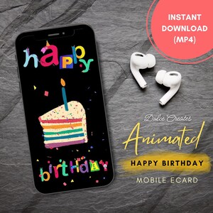 Tarjeta de felicitación animada de cumpleaños en formato electrónico para teléfono móvil. Tarjeta de felicitación de cumpleaños en formato electrónico para teléfono móvil. Felicitaciones digitales de cumpleaños. Descarga instantánea.