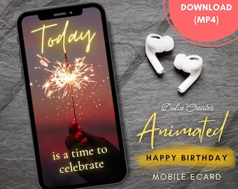 Happy Birthday Animated Greeting E-Card for Mobile Phone. Sparklers Design. Celebrate Ecard. Digital Greeting Card. Mobile Greeting Card.