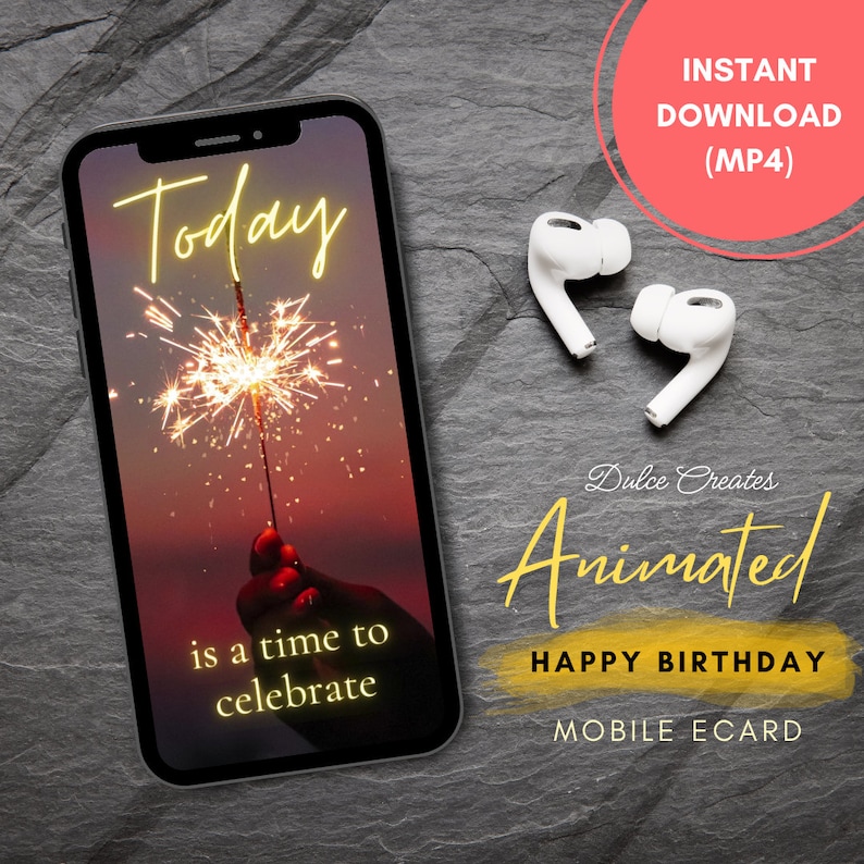 Puede incluir: Tarjeta de cumplea&ntilde;os m&oacute;vil animada con un tel&eacute;fono inteligente que muestra una mano sosteniendo una bengala contra un atardecer rojo y naranja. El texto "Today is a time to celebrate" se muestra en la pantalla. La tarjeta est&aacute; disponible para descarga instant&aacute;nea como archivo MP4.