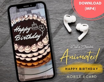 E-kaart met geanimeerde verjaardagstaart voor mobiele telefoon. Taartontwerp. Vier e-card. Digitale wenskaart. Mobiele wenskaart.