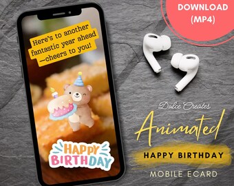 Happy Birthday Animated Greeting E-Card for Mobile Phone. Cake Design. Celebrate Ecard. Digital Greeting Card. Mobile Greeting Card.