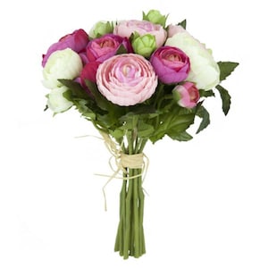 May include: A bouquet of artificial pink, white, and light pink ranunculus flowers with green leaves. The stems are tied together with twine.