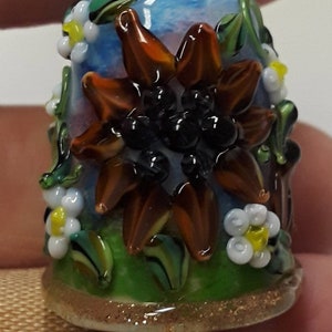 Handmade Lampwork Glass Thimble -Rusty Sunflowers- SRA S105