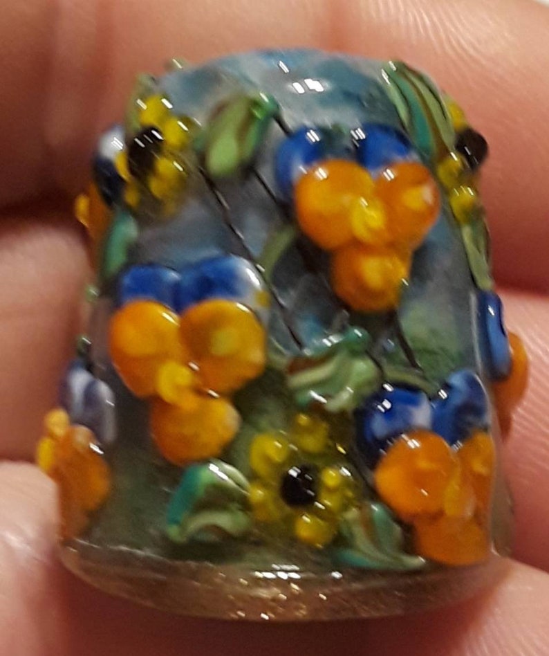 Handmade Lampwork Glass Thimble orange and Blue Pansies Etsy