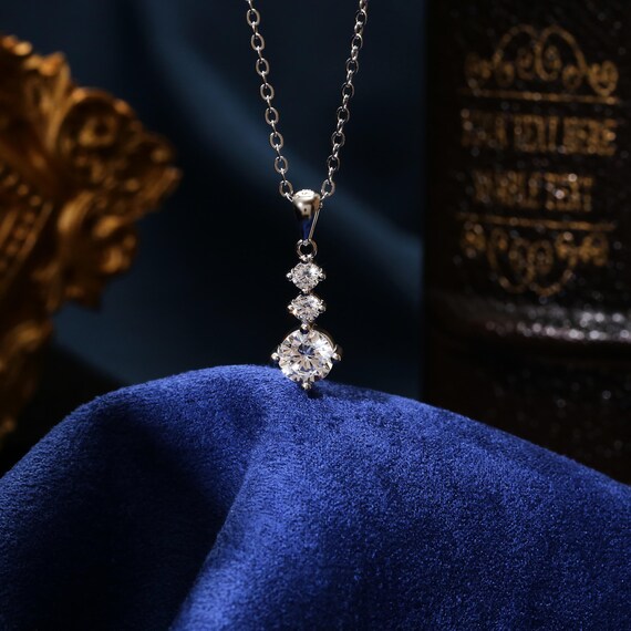 3 Stone Moissanite Pendant: Round Cut Sterling Silver Necklace