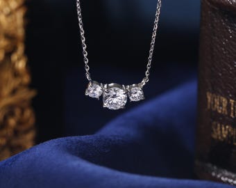 Moissanite 3 Stone Necklace: Sterling Silver Trio Pendant