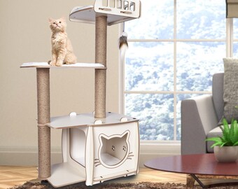 Maison à gratter pour chat avec lit superposé, meubles modernes pour chat, griffoir en tissu sisal, maisonnette pour aire de jeux tour pour chat, cadeaux pour maman chat