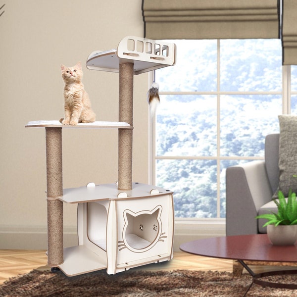 Cat Scratching House with Layered Bed, Modern Cat Furniture, Sisal Fabric Cat Scratching Post, Cat Tower Playground House, Cat Mom Gifts