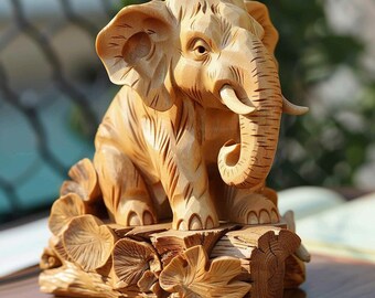 Figura de madera de elefante, escultura de madera tallada a mano
