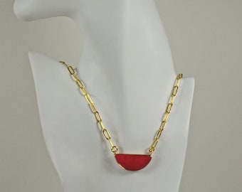 Red Jade Pendant and Gold Paper Clip Necklace