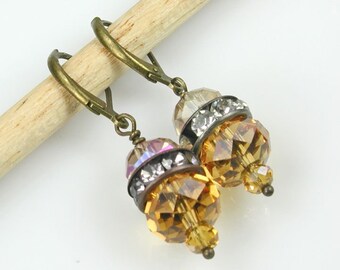 Yellow Shades Crystal and Bronze Dangle Earrings