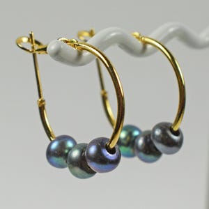 Peacock Pearl and Gold Small Hoop Earrings Handmade Blue Freshwater Pearl Jewelry