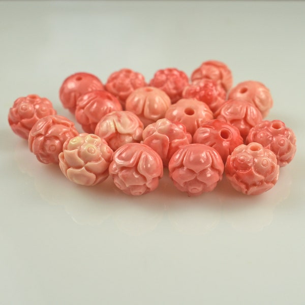 Coral Pink Carved Lotus Bud Reconstituted Beads Destash