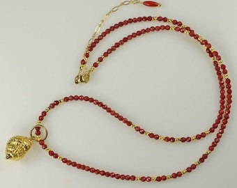 Red Coral Adjustable Necklace with Removable Gold Plated Shell Charm