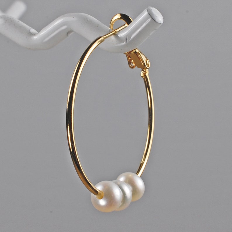 Gold and White Freshwater Pearl Hoop Earrings image 3