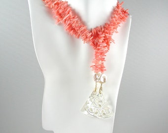 Coral, Baroque Pearl and Mother of Pearl Necklace Long Necklace Pink Coral