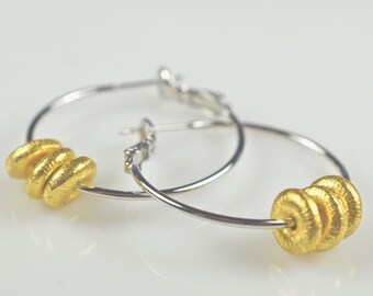 Silver Hoops with Gold Beads Mixed Metals