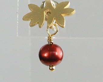 Petite Gold Leaves and  Red Pearls Post Earrings