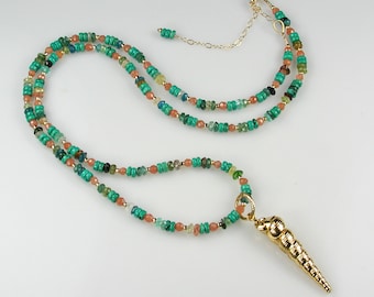 Turquoise Multi-Gemstone Necklace with Removable Gold Plated Shell Charm