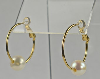 White Freshwater Pearl and Gold Hoop Earrings