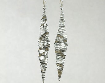 Silver Mesh Shoulder Duster Diamond Shaped Dangle Earrings