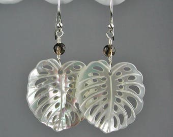 White Mother of Pearl Monstera Leaves with Smoky Quartz Dangle Earrings