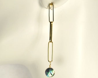Abalone and Gold Paperclip Links Post Earrings Paua Linear Earrings
