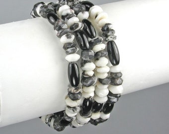 Black and White Jasper and Black Onyx Sterling Silver Bracelet Multi Strand Statement Bracelet