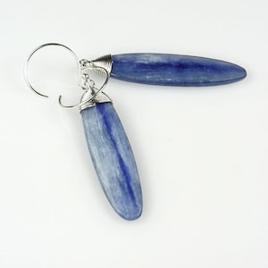 Blue Kyanite Dangle Earrings – Silver Wire Wrapped – Polished Gemstone Drops – Mufi Jewels
