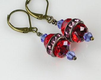 Red, Pink and Blue Crystal and Bronze Dangle Earrings