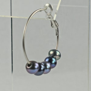 Peacock Pearl and Silver Medium Hoop Earrings Blue Freshwater Pearl Jewelry