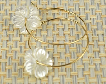 Mother of Pearl White Flower Gold Hoop Earrings