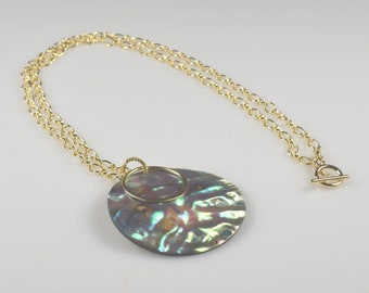 Abalone Pendant Necklace Gold Chain and Circle Charm Paua Shell