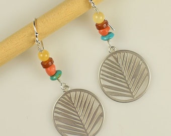 Silver Palm Frond Dangle Earrings with Turquoise, Peach Coral, Hessonite Garnet and Yellow Jade