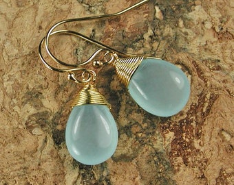 Blue Jade and Gold Dew Drop Dangle Earrings
