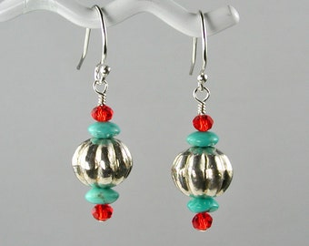 Sterling Pumpkin Beads w Turquoise and Red Crystal Dangle Earrings