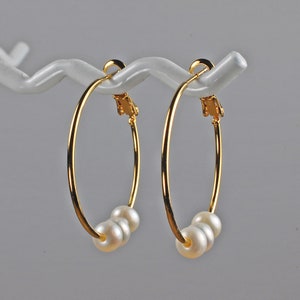 Gold and White Freshwater Pearl Hoop Earrings image 1