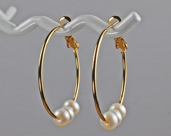 Gold and White Freshwater Pearl Hoop Earrings