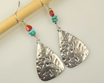 Hammered Silver Triangle Dangle Earrings with Kingman Turquoise, Red Coral and Green Vessonite