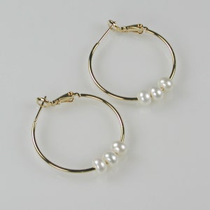 Gold and White Freshwater Pearl Hoop Earrings image 2