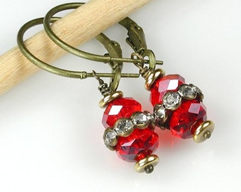 Red Crystal and Bronze Hoop Earrings
