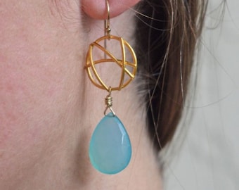 Gold Lattice Circle and Aqua Peru Chalcedony Drop Earrings