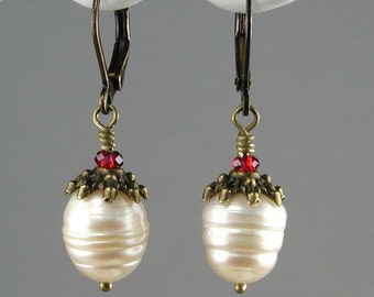 White Baroque Pearl Earrings with Bronze